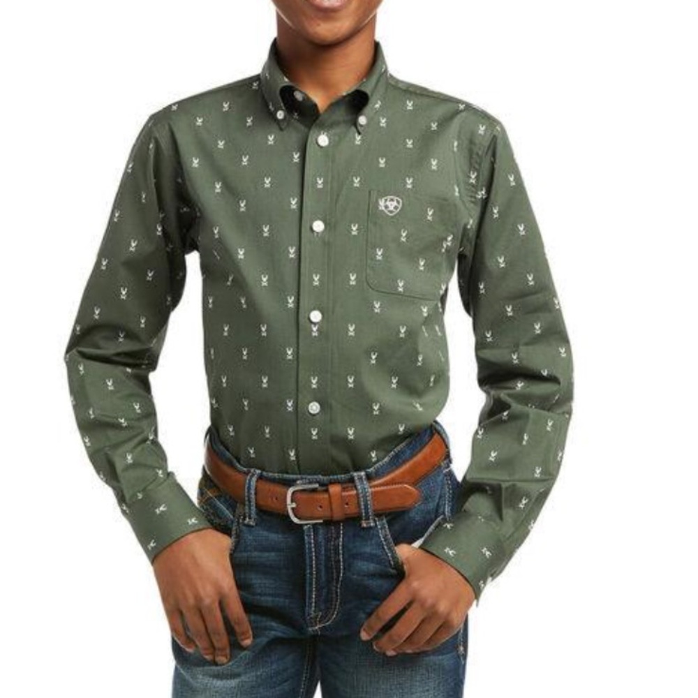 Ariat Boys Hemlock Green Button Up Classic Fit Western Shirt XL 18